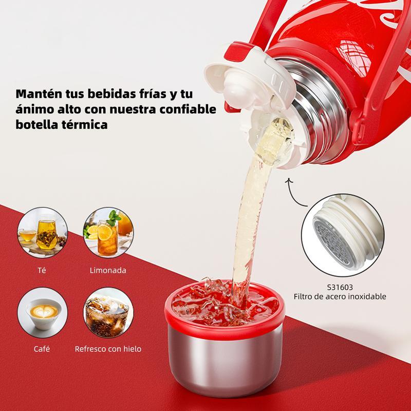 Coca-Cola Termo para Camping, Botella Térmica Portátil de 40oz con Correa y Asa, Termo Aislante de Viaje de Acero Inoxidable 316, Botella para Agua Mantiene el Frío hasta 72 Horas o el Calor hasta 48 Horas, 100% A Prueba de
